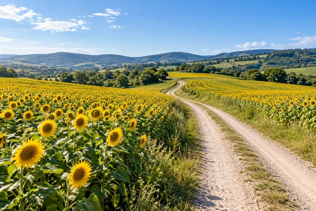 Estrada de cascalho entre campos de girassóis amarelos, com colinas verdes ao fundo e céu azul na manhã de verão.