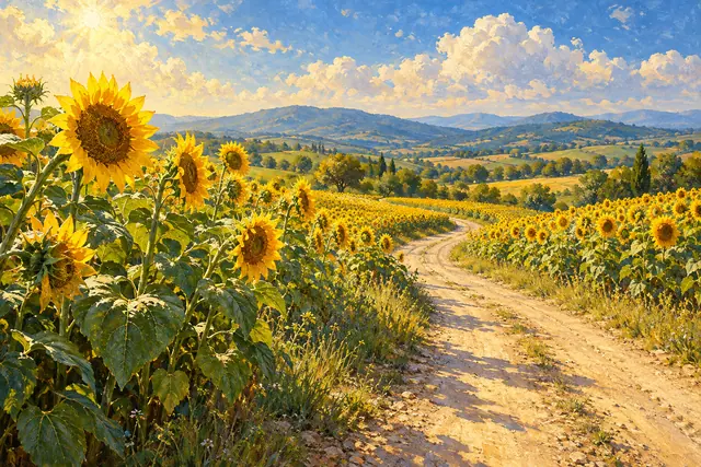 Pintura a óleo de estrada de terra entre girassóis amarelos, com colinas ao fundo sob um céu azul com nuvens.