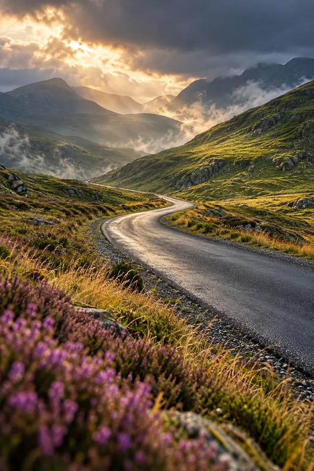 Estrada vazia entre montanhas verdes com neblina, raios de sol entre nuvens e flores roxas desfocadas à frente.