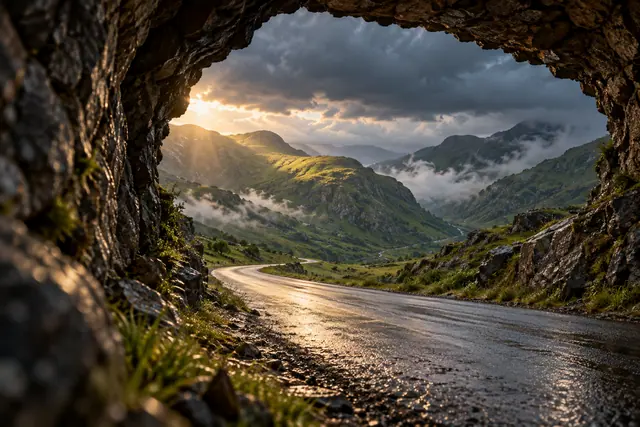 Estrada molhada vista de um túnel de pedra, com montanhas verdes, neblina e luz dourada entre nuvens.