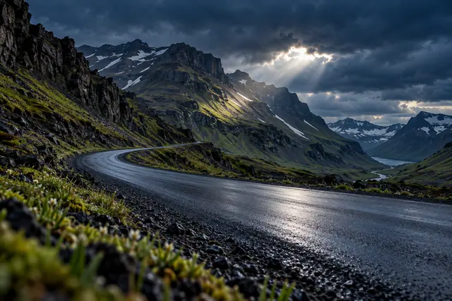 Estrada molhada em curva entre montanhas verdes com neve, sob nuvens escuras atravessadas por raios de luz.