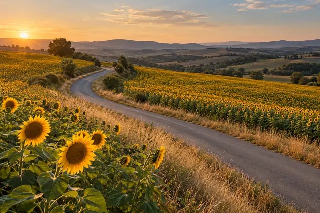 Estrada sinuosa entre campos de girassóis, com colinas ao fundo e luz dourada do pôr do sol de verão.