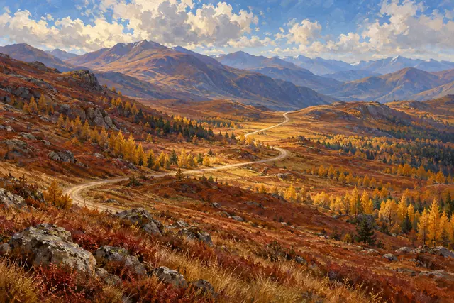 Pintura a óleo de estrada sinuosa em vale de outono, com árvores douradas e montanhas sob céu azul com nuvens.