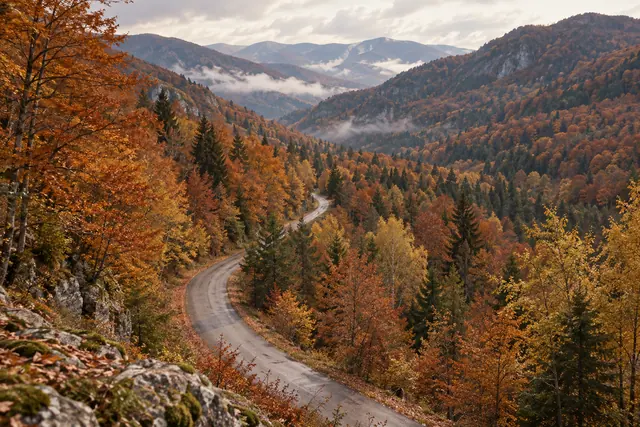 Estrada sinuosa entre árvores de outono, com montanhas e faixas de névoa ao fundo em tons quentes e suaves.