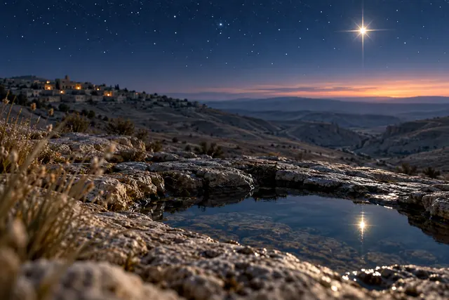 Estrela de Belém refletida em uma poça entre rochas, com deserto e povoado iluminado ao fundo.