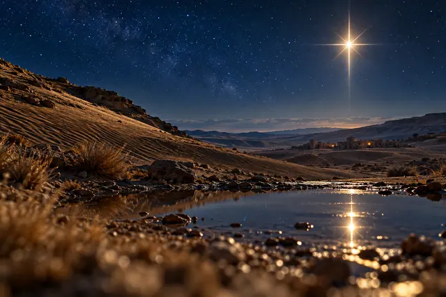 Estrela de Belém sobre o deserto, refletida em uma poça, com um povoado iluminado ao fundo e céu estrelado.