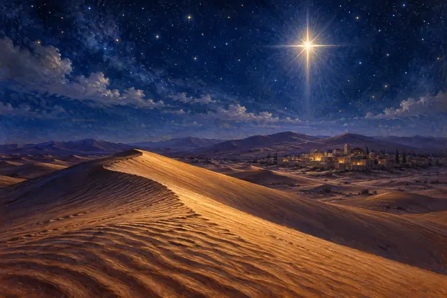Estrela de Belém ilumina dunas douradas sob céu estrelado, com um povoado de pedra e colinas ao fundo.