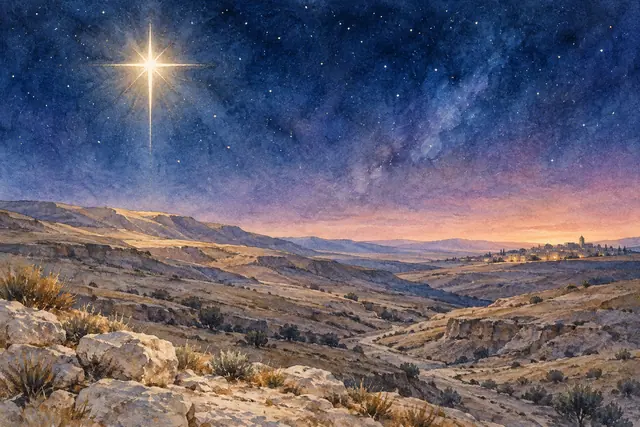 Aquarela da estrela de Belém sobre um deserto rochoso, com céu estrelado e um povoado iluminado ao longe.