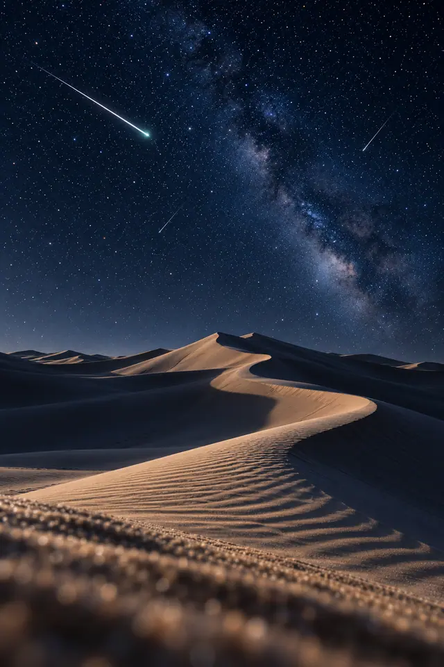 Três estrelas cadentes e a Via Láctea sobre dunas sinuosas iluminadas pelo luar, com areia desfocada à frente.