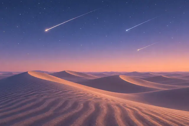 Três estrelas cadentes cruzam um céu estrelado em tons de azul e rosa sobre dunas de areia com sombras lilases.