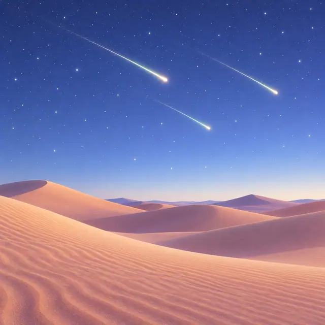 Três estrelas cadentes cruzam o céu azul estrelado sobre dunas de areia em tons de pêssego e lilás.