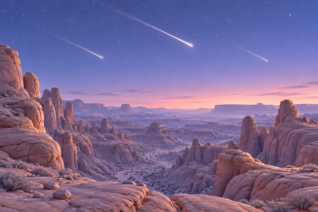 Três estrelas cadentes no céu lilás sobre cânions e torres rochosas em tons pastel, com luz rosada no horizonte.