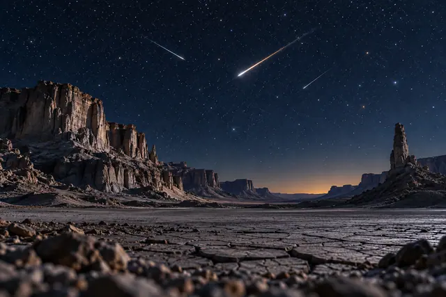 Três estrelas cadentes no céu estrelado sobre um deserto rochoso, com solo rachado e brilho dourado no horizonte.