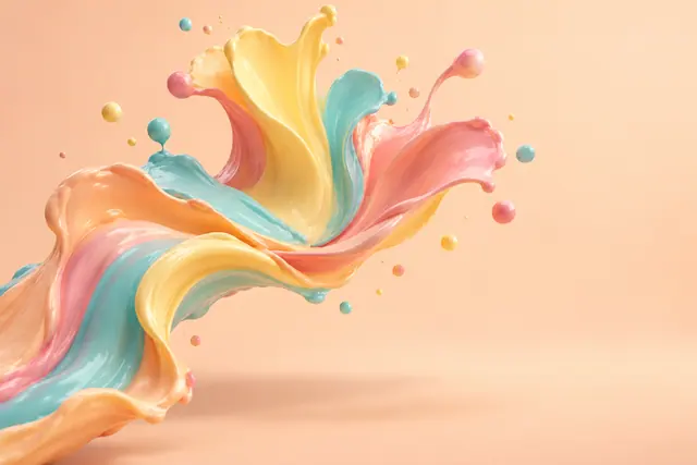 Respingo de tinta 3D em tons pastel com curvas e gotas suspensas sobre fundo pêssego.