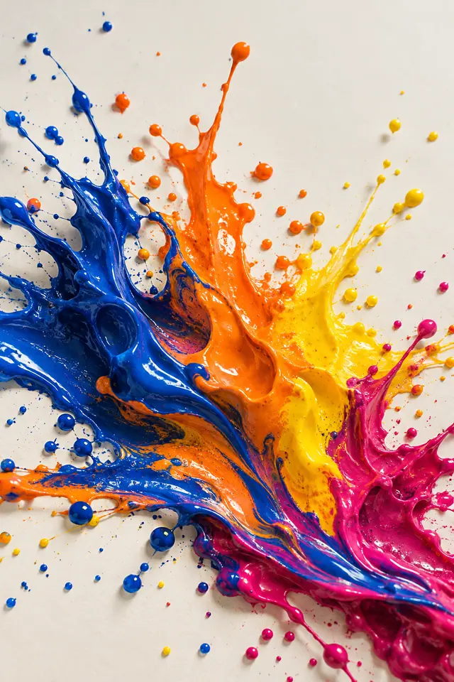 Respingos de tinta azul, laranja, amarela e magenta com gotas e relevos brilhantes sobre fundo claro.