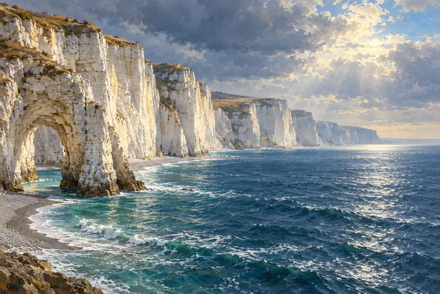 Pintura a óleo de falésias brancas com arco natural, mar azul e luz do sol entre nuvens.