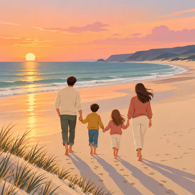 Família de quatro pessoas, vista de costas, caminha de mãos dadas na praia sob a luz dourada do pôr do sol.