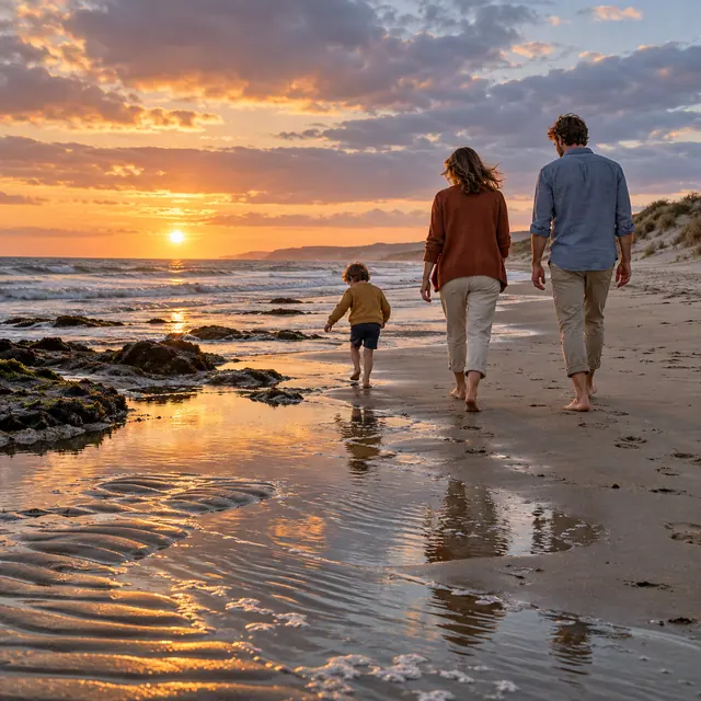 Casal e criança caminham de costas na praia, entre pedras e reflexos dourados do pôr do sol na areia molhada.