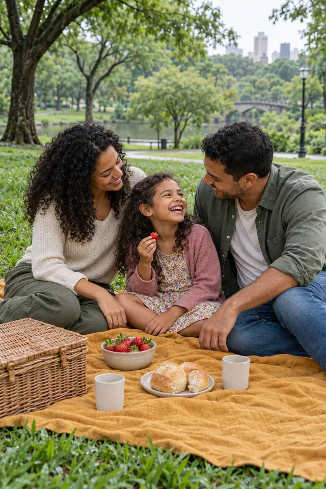 Pai, mãe e filha sorriem em um piquenique com morangos e pães sobre uma manta ocre em um parque arborizado.