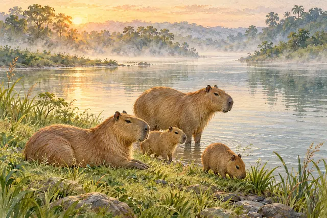 Aquarela de duas capivaras adultas e dois filhotes junto a um rio, com vegetação, névoa e luz do amanhecer.