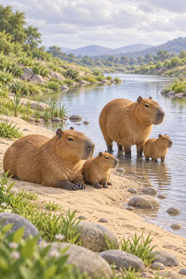 Família de quatro capivaras na areia e na água rasa de um rio, com vegetação e montanhas ao fundo em cena 3D.
