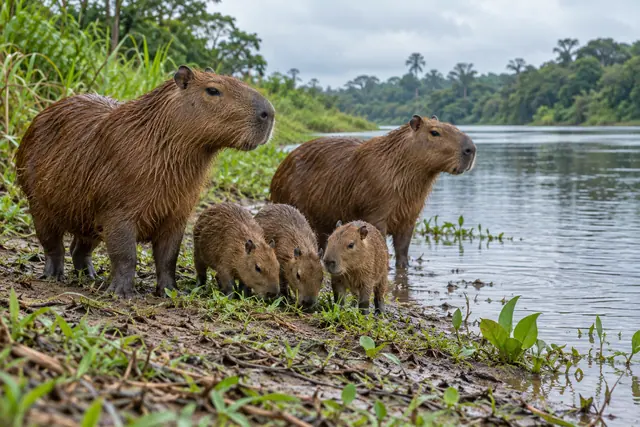 Duas capivaras adultas e três filhotes na margem de um rio, com vegetação verde e céu nublado ao fundo.