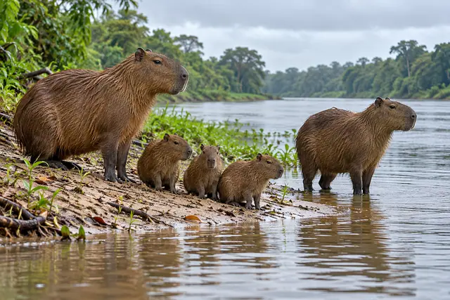 Duas capivaras adultas e três filhotes na margem arenosa de um rio cercado por vegetação.