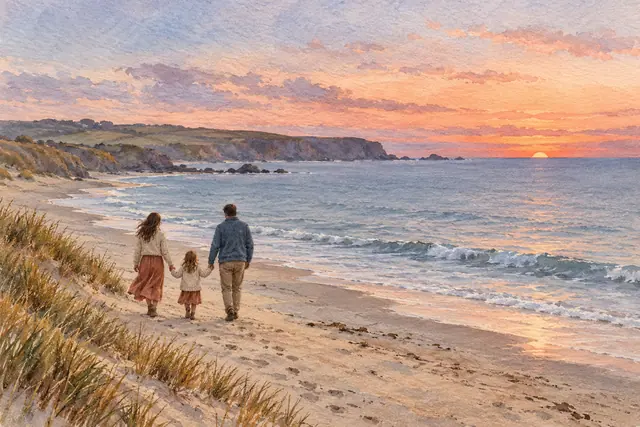 Aquarela de pais e filha de mãos dadas na praia ao pôr do sol, com dunas, ondas suaves e céu em tons de pêssego.