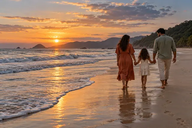 Casal e filha caminham de mãos dadas na praia ao pôr do sol, com reflexos dourados na areia e morros ao fundo.