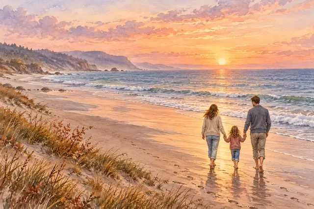 Aquarela de um casal e uma criança de mãos dadas na praia ao pôr do sol, entre dunas e reflexos dourados.