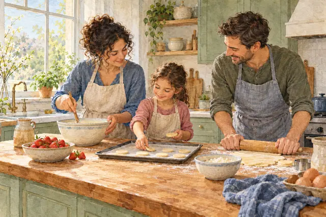 Aquarela de mãe, pai e filha preparando biscoitos em uma cozinha iluminada, com morangos e tigelas na bancada.
