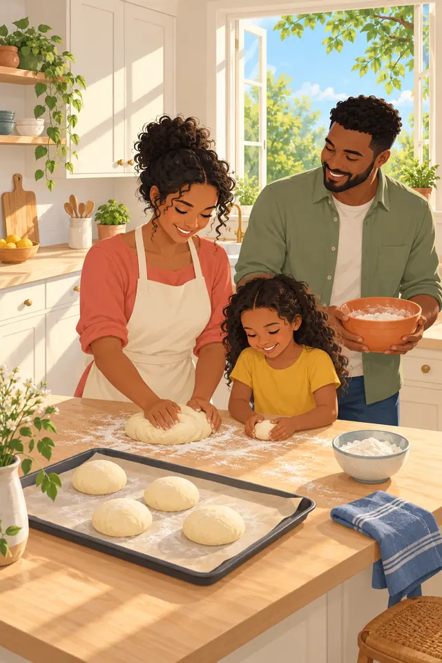 Mãe e filha modelam pães na bancada enquanto o pai segura uma tigela em uma cozinha ensolarada.
