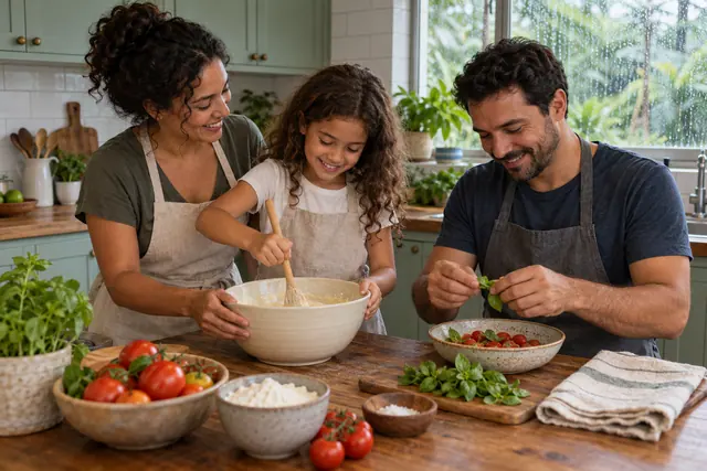 Mãe ajuda a filha a misturar massa enquanto o pai prepara tomates com manjericão em uma cozinha com luz natural.