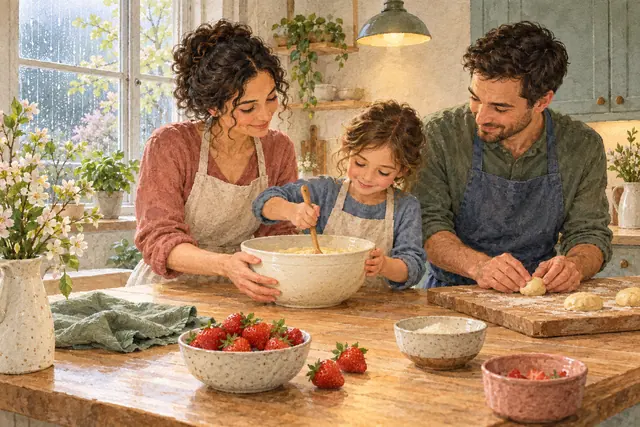 Aquarela de mãe e filha misturando massa e pai modelando pães na cozinha, com morangos e chuva na janela.