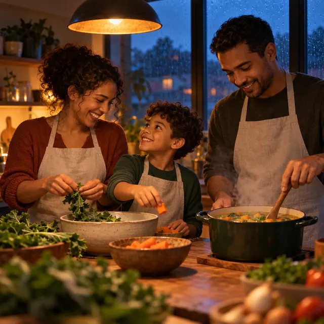 Pais e filho sorriem enquanto preparam sopa de legumes em uma cozinha com luz quente e janela marcada pela chuva.