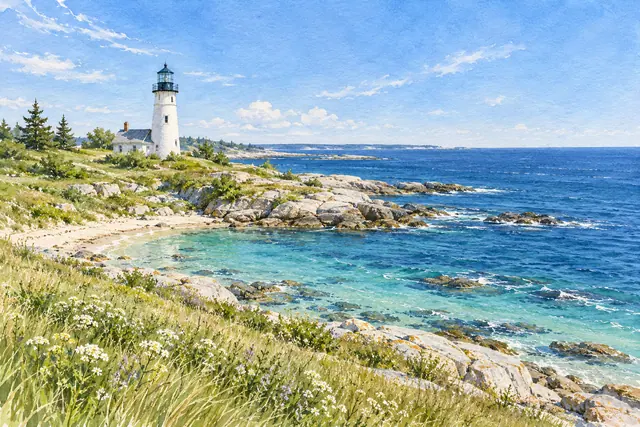 Aquarela de farol branco na costa rochosa, com flores silvestres e enseada de águas turquesa sob céu azul.