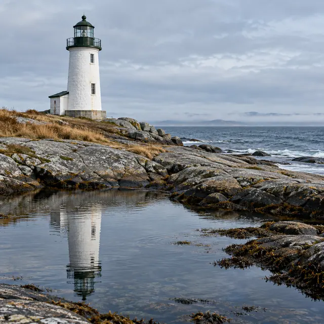 Farol branco refletido em poça de maré entre rochas, com mar azul-acinzentado e céu nublado ao fundo.