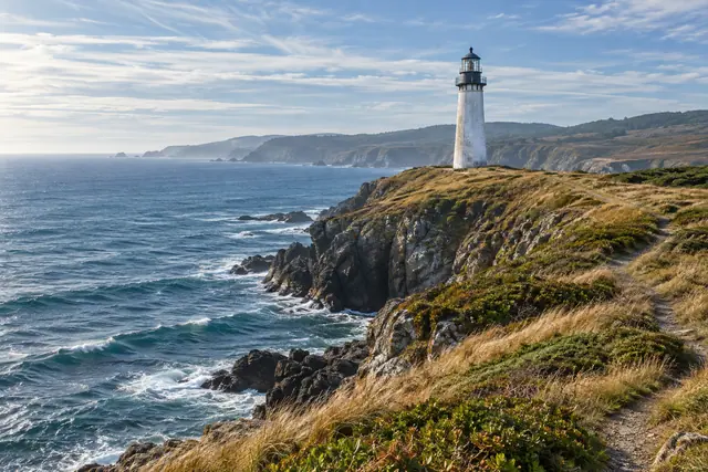Farol branco sobre falésias com capim dourado, trilha estreita e ondas no mar azul sob céu de nuvens finas.