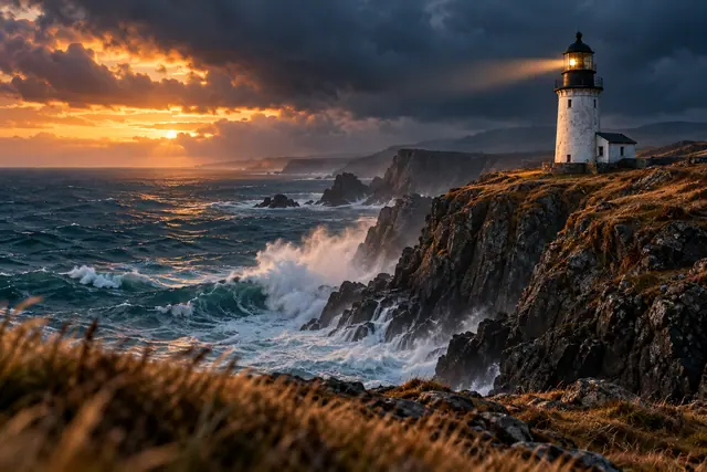 Farol branco iluminado sobre falésias, com ondas fortes e luz dourada do pôr do sol entre nuvens escuras.