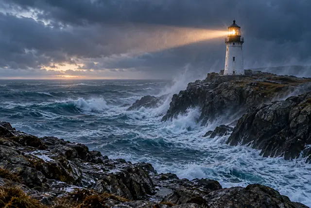 Farol branco ilumina a chuva sobre uma costa rochosa, cercado por ondas fortes e nuvens de tempestade.