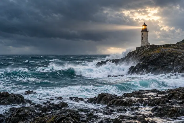 Farol de pedra ilumina o mar revolto junto a rochas escuras, sob nuvens de tempestade e uma abertura luminosa no céu.