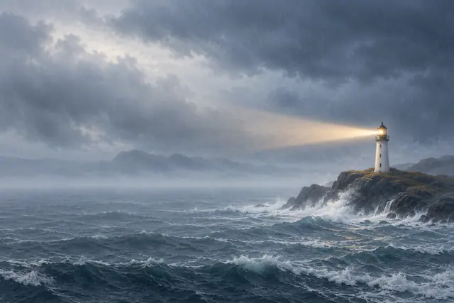 Farol branco ilumina o mar durante uma tempestade, com ondas nas rochas e céu em tons de azul e cinza.