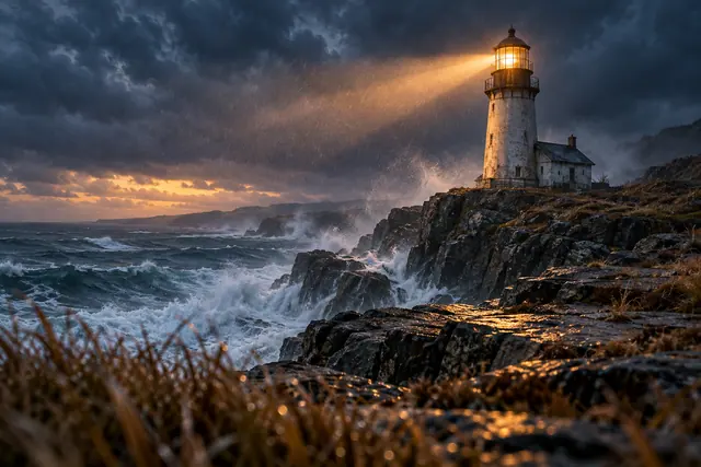 Farol ilumina a chuva com um feixe dourado sobre rochedos e ondas agitadas sob um céu de tempestade.