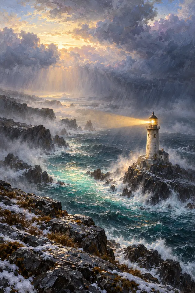 Farol ilumina o mar agitado entre rochas com neve, sob nuvens de tempestade e a luz dourada do amanhecer.