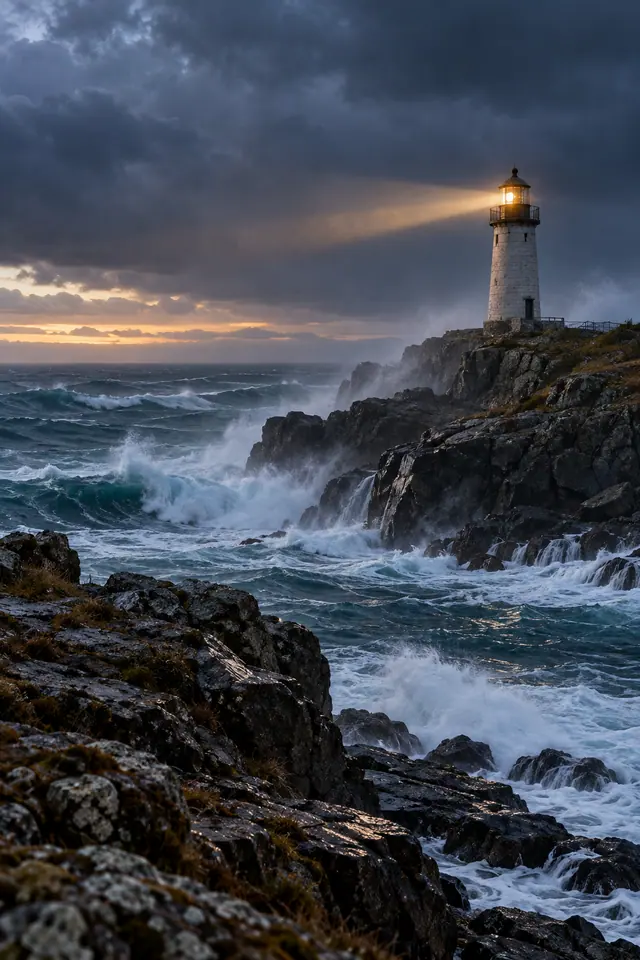 Farol de pedra ilumina o mar agitado, com ondas nas rochas e nuvens escuras sobre um horizonte dourado.