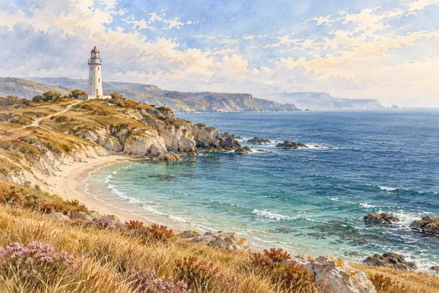 Aquarela de farol branco sobre encosta dourada, com flores rosadas, praia curva e mar azul entre falésias.