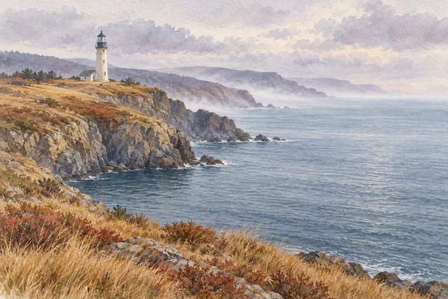 Aquarela de farol sobre falésias com vegetação dourada, mar azul-acinzentado e costa envolta em névoa.