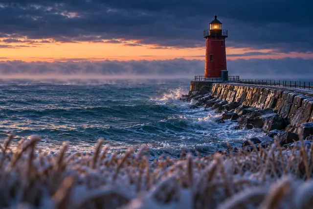 Farol vermelho aceso sobre quebra-mar, com ondas, névoa e vegetação com geada ao amanhecer.