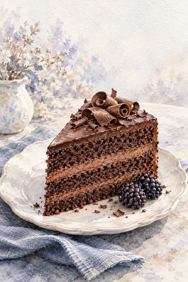 Aquarela de fatia de bolo de chocolate com raspas e duas amoras em prato claro sobre tecido azul.