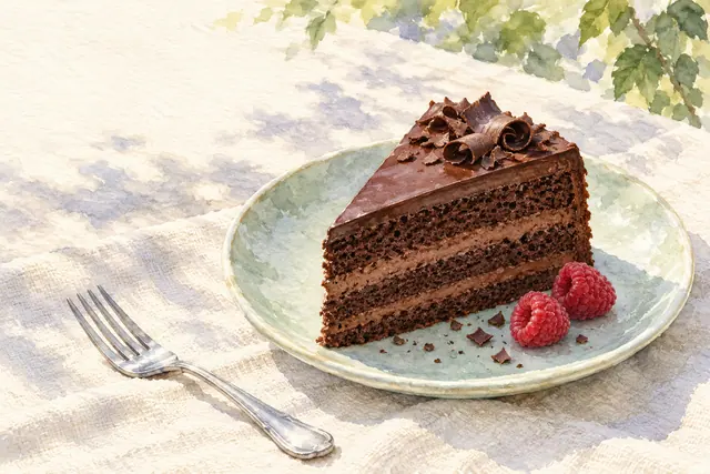 Aquarela de fatia de bolo de chocolate com raspas e duas framboesas em prato verde-claro sobre linho.